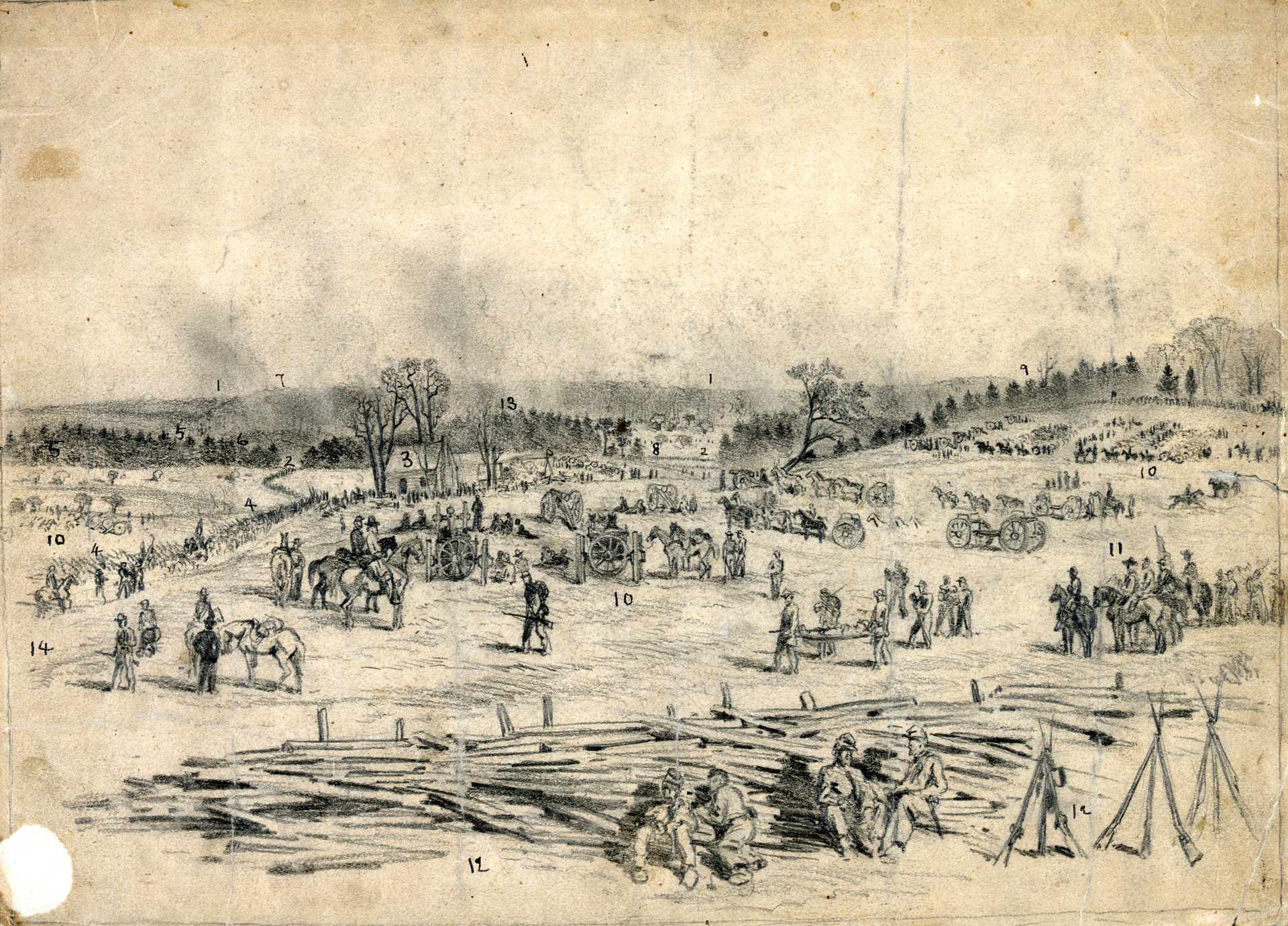 Confederate General Robert E. Lee’s troops built a long line of earthworks at Spotsylvania to defend their position against repeated Union assaults. Battlefield artist Edwin Forbes sketched this view of the battlefield from the Union center.