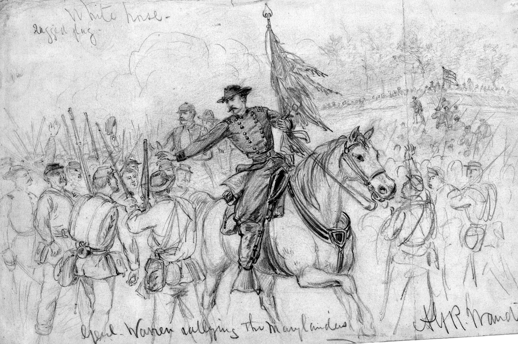 Major General Gouverneur Warren grabs a regimental flag in an attempt to rally his V Corps soldiers during their May 8 attack on Laurel Hill in a sketch by Alfred Waud. Despite his best efforts, his men could not carry the position. 