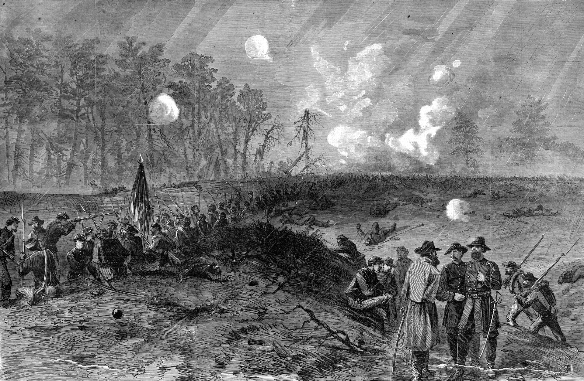 The Overland Campaign of 1864 was marked by the regular use of earthworks by the Confederates as they defended positions against greater numbers. The grim fighting at the Mule Shoe Salient resulted in 17,000 casualties.