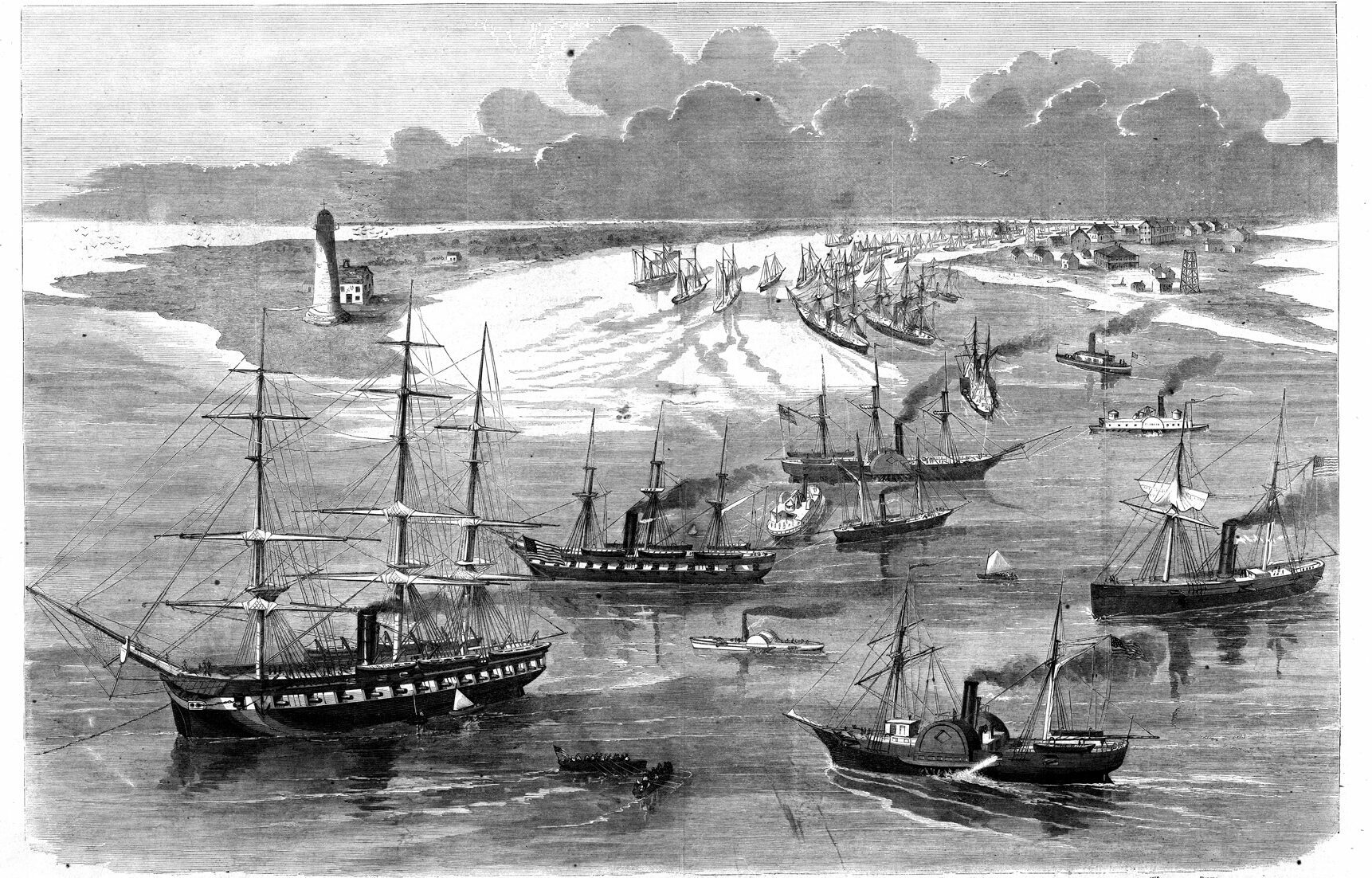 The Union fleet enters Mississippi River in a Harper’s Weekly illustration. To get past Plaqueminds Bend, where the two forts were situated, the sailing ships had to tack against a four-knot current, thus exposing them to heavy fire from 115 heavy guns.