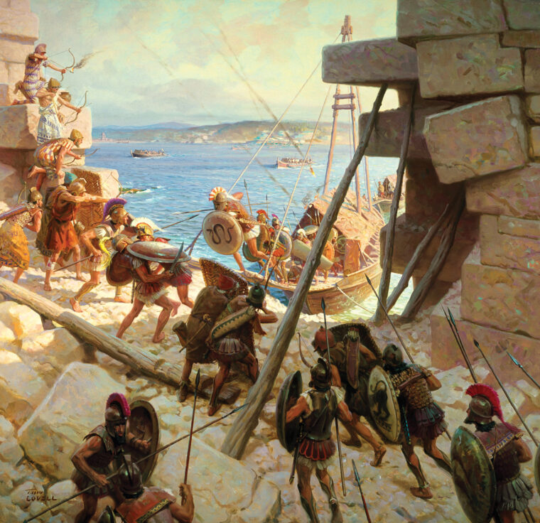 Alexander the Great’s soldiers are shown attacking Tyre in a modern illustration. Simultaneous attacks by Alexander’s fleet on both of the city’s harbors after six months of fighting put an impossible strain on the Tyrians’ resources.