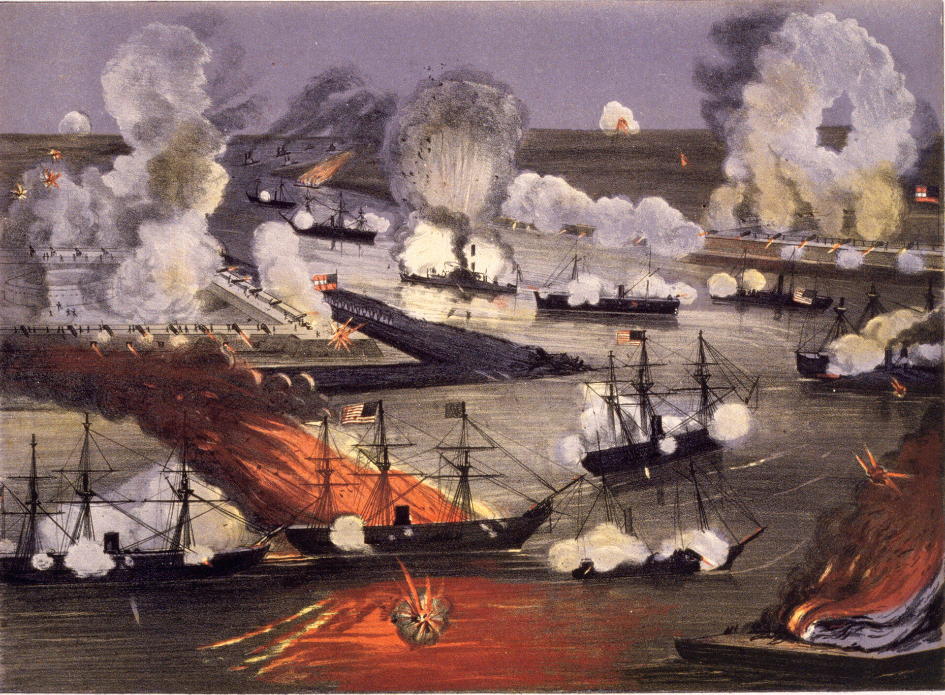 For the run upriver past the two forts, Farragut divided his fleet into three divisions. Two divisions took on Fort Jackson (left), and one division engaged Fort St. Philip.
