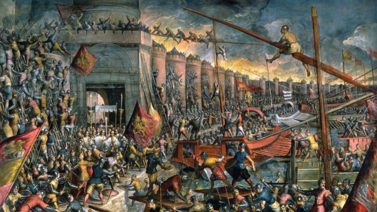 Sailors and marines of the powerful Venetian Navy assault the seaward wall along the Golden Horn for a second time in April 1204. The Venetians suspended gangplanks from the masts and yard-arms of their galleys that served as flying bridges for marines to use in assaulting the tops of the city's walls.