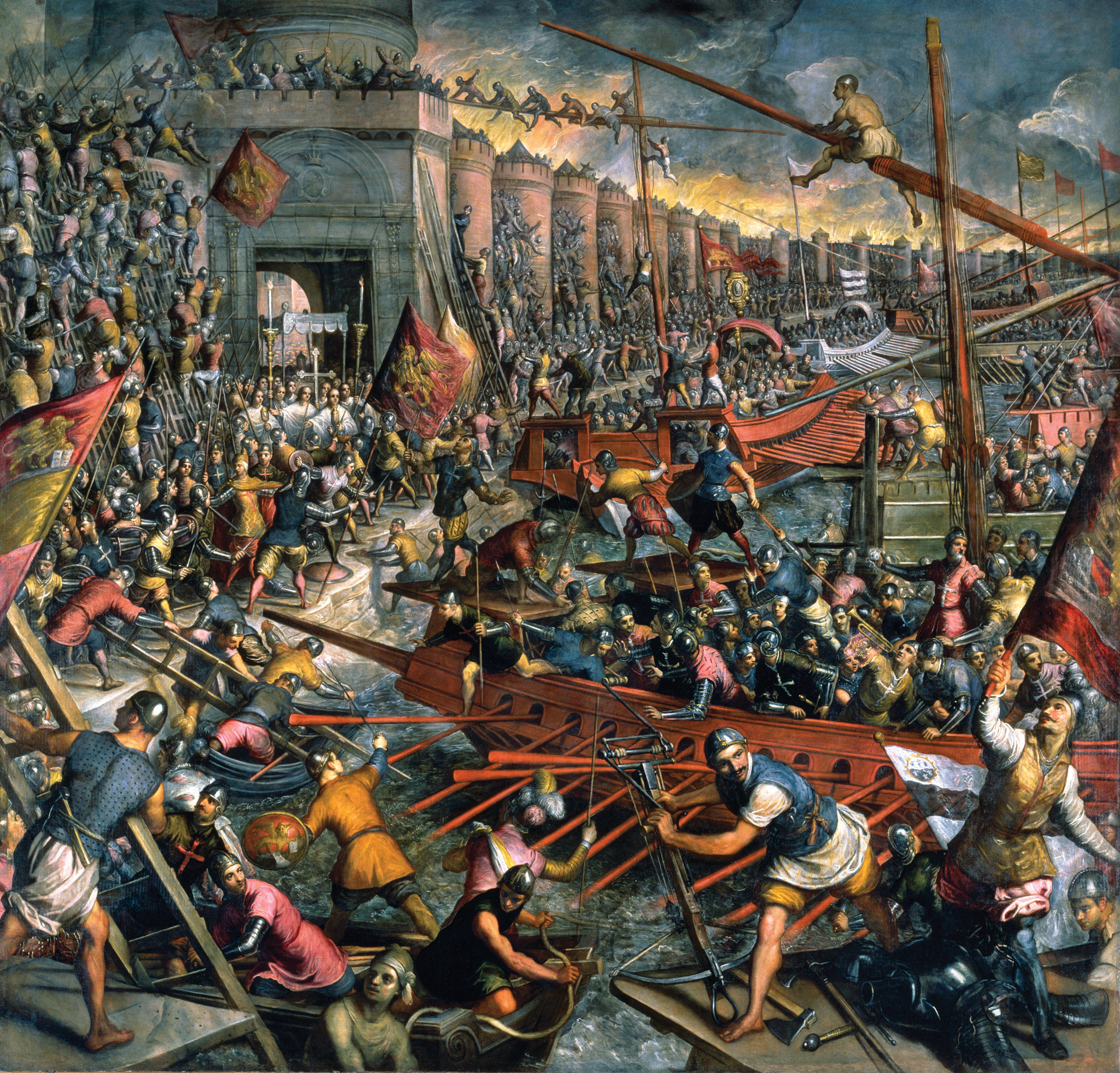 Sailors and marines of the powerful Venetian Navy assault the seaward wall along the Golden Horn for a  second time in April 1204. The Venetians suspended  gangplanks from the masts and yard-arms of their  galleys that served as flying bridges for marines to  use in assaulting the tops of the city's walls.