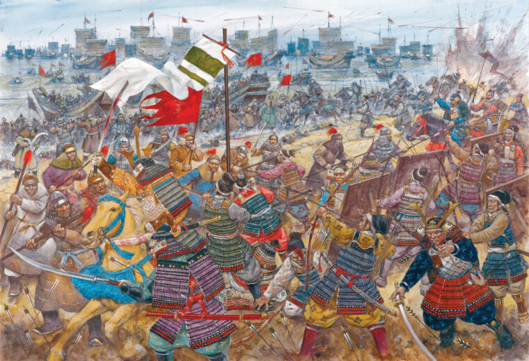 Mongol detachments conduct an amphibious assault at Hakata Bay in Kyushu in 1274 in a modern painting by Richard Hook. Mounted samurai supported by foot archers conduct a vigorous defense in an attempt to prevent the invaders from establishing a beachhead.