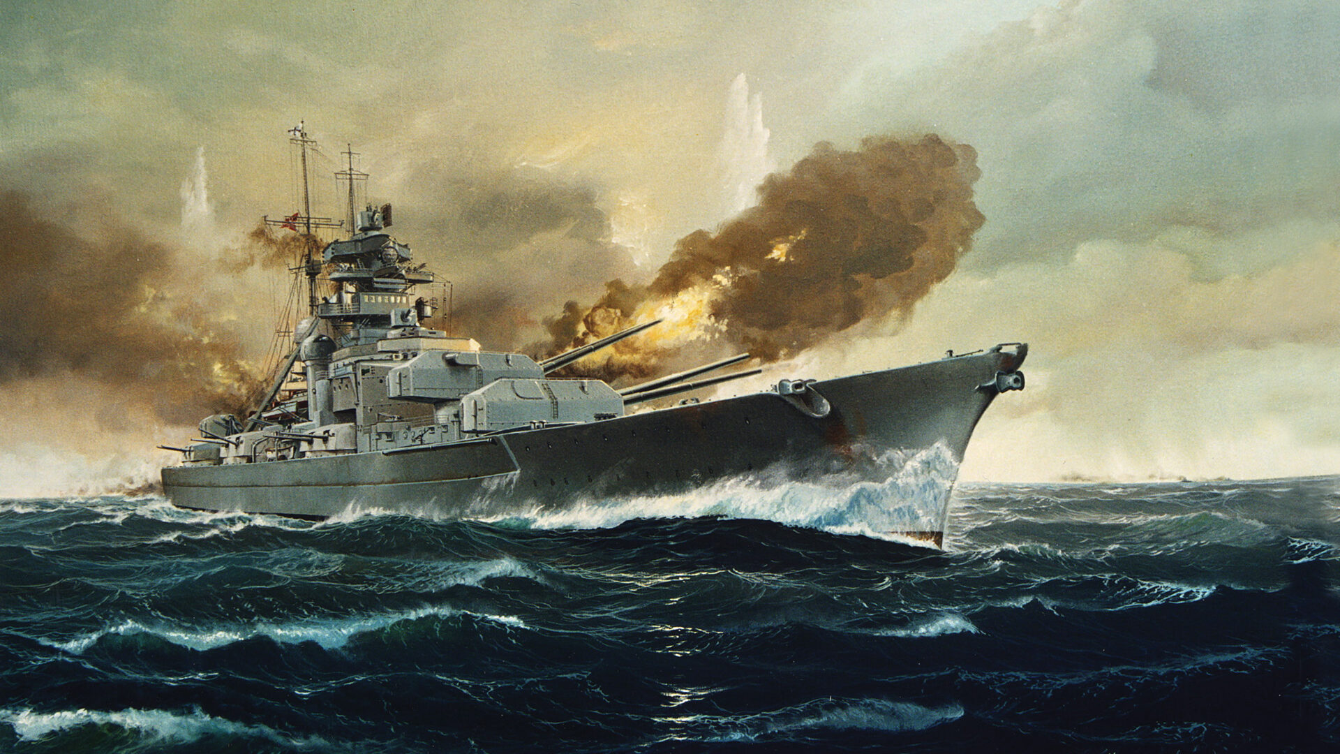 The Bismarck had tremendous firepower. She is shown firing her four double 15-inch guns in a modern painting.