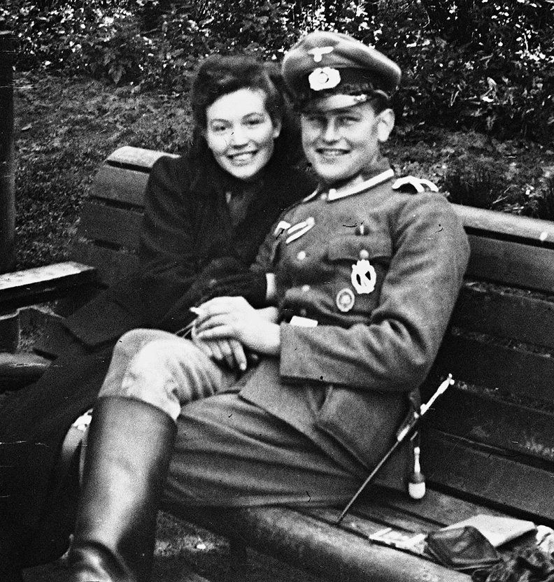 The author with his fiancée Anneliese on a park bench in Hamburg, 1943; they were married in December 1946. In addition to the infantry assault badge, he is wearing the wound badge, the German equivalent of the U.S. Purple Heart medal. 