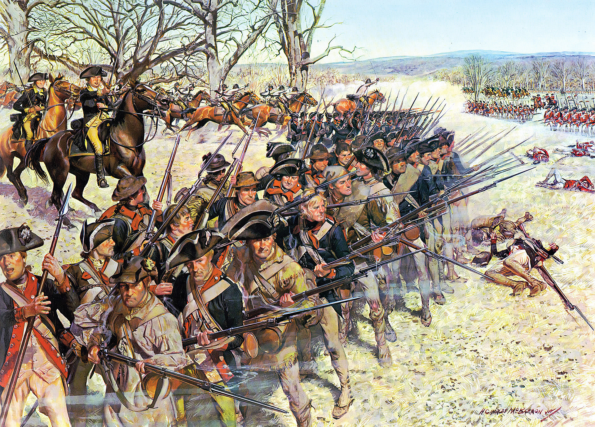 Soldiers of the 1st Maryland Regiment reload in the foreground as Colonel William Washington’s Continental dragoons ride to their support in a modern lithograph. The dragoon charge bought precious time for the Continental line to reorganize following the rout of the inexperienced 2nd Maryland Regiment.