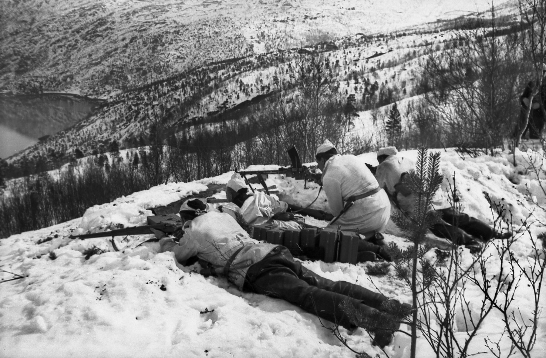 German sailors in winter camouflage man a position on the hills overlooking Narvik. The Germans claimed victory at Narvik, but the Allies withdrew their forces primarily to cope with the German victory in the Battle of France.