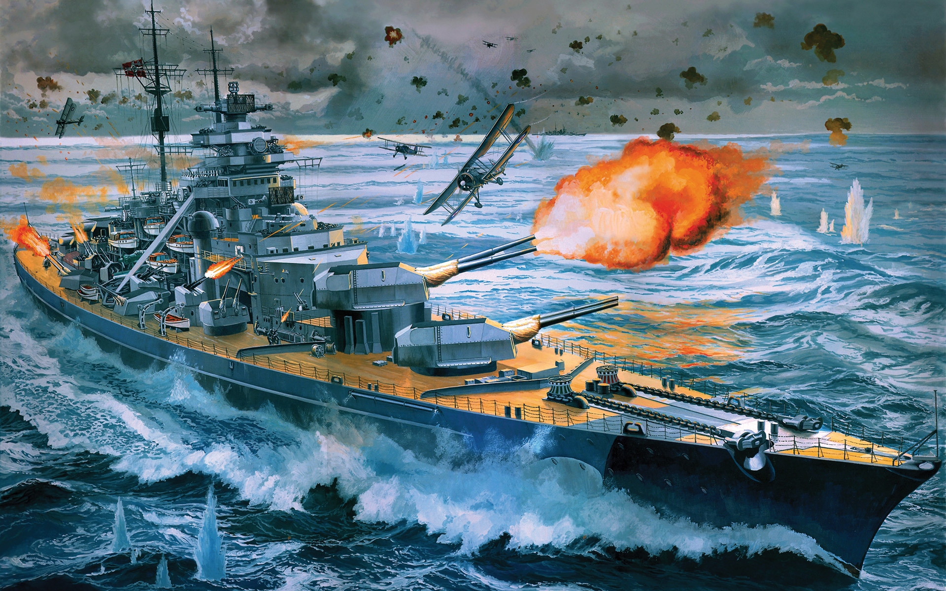Bismarck is shown under attack by British Fairey Swordfish torpedo biplanes from the HMS Ark Royal in a modern painting. One torpedo jammed its rudder, crippling the battleship by causing her to steam erratically. 