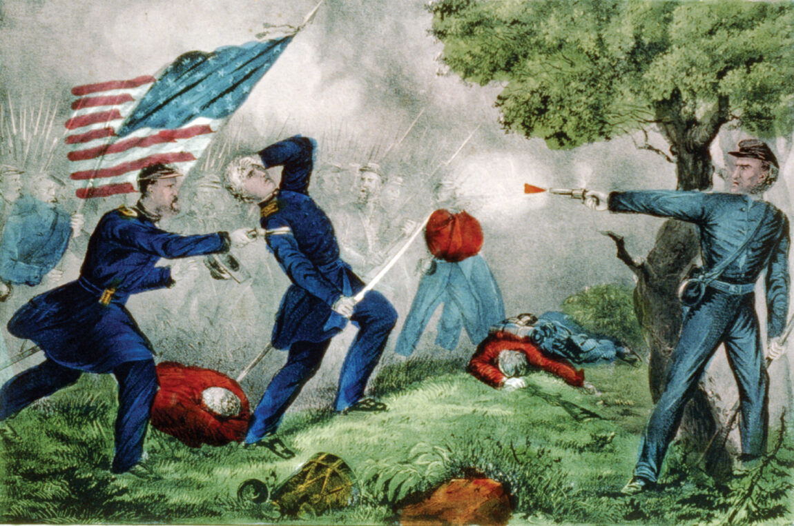 Baker is shot at point-blank range in a fanciful rendering of the incident by Currier and Ives. U.S. President Abraham Lincoln was stunned by the news of his friend’s death.