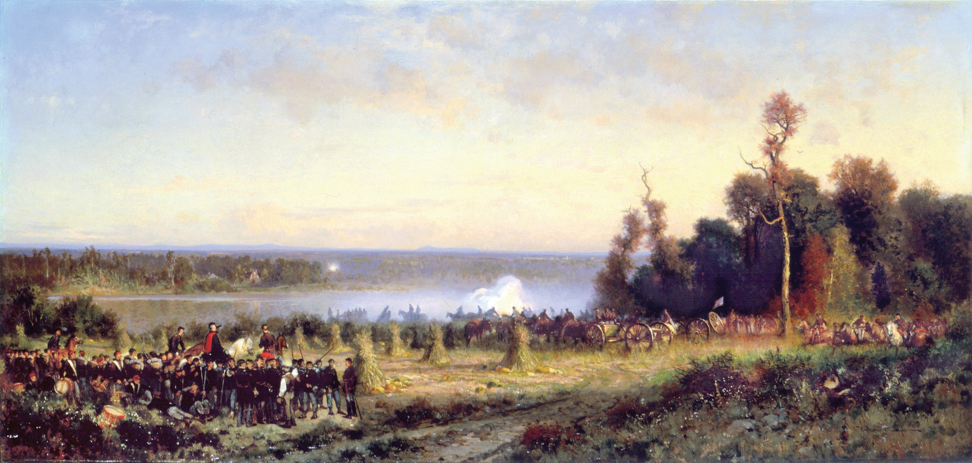 A Union battery on the Maryland side of the Potomac shells Confederate pickets on the Virginia side in a period painting by Alfred Thompson. Brig. Gen. Charles Stone sent part of his division upriver to cross at Harrison’s Island to turn the Confederate flank, while another portion demonstrated at Edwards Ferry.