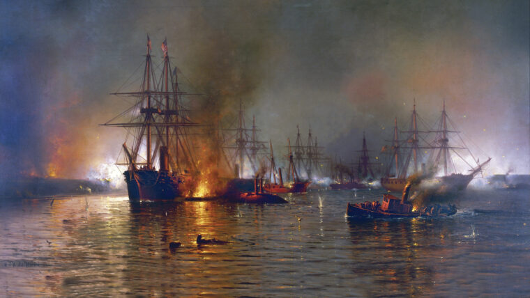 Captain David Farragut’s flagship, the Hartford, is attacked by a Confederate fire raft as the Union fleet makes its run past Forts Jackson and St. Philip on April 24, 1862. The Hartford caught fire, but prompt action by the ship’s crew saved her from destruction.