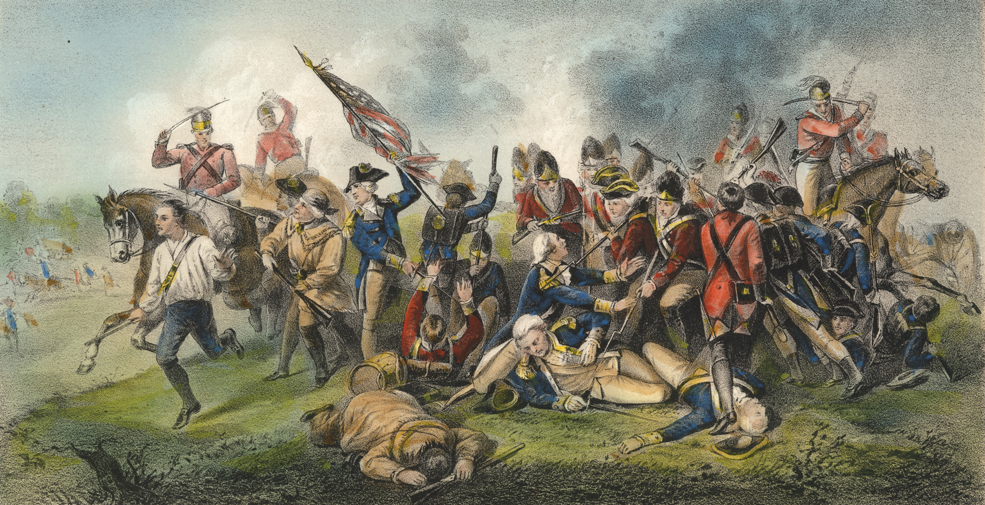 Continental Army General Johann De Kalb is mortally wounded at the Battle of Camden fought August 16, 1780, as British regulars sweep the field. Washington sent Greene to replace Maj. Gen. Horatio Gates, who fled the battle on horseback.