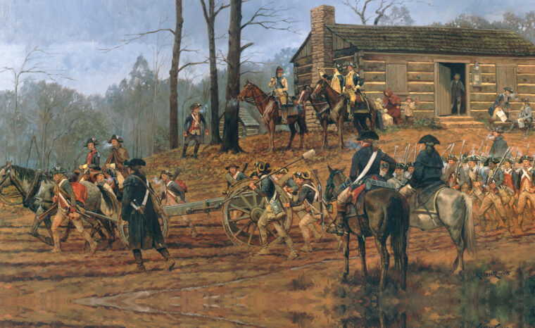 Continental Army units march toward Guilford Courthouse in a modern painting by Keith Rocco. Greene would use similar tactics to those employed by Brig. Gen. Daniel Morgan in his triumph over British forces at Cowpens two months earlier.