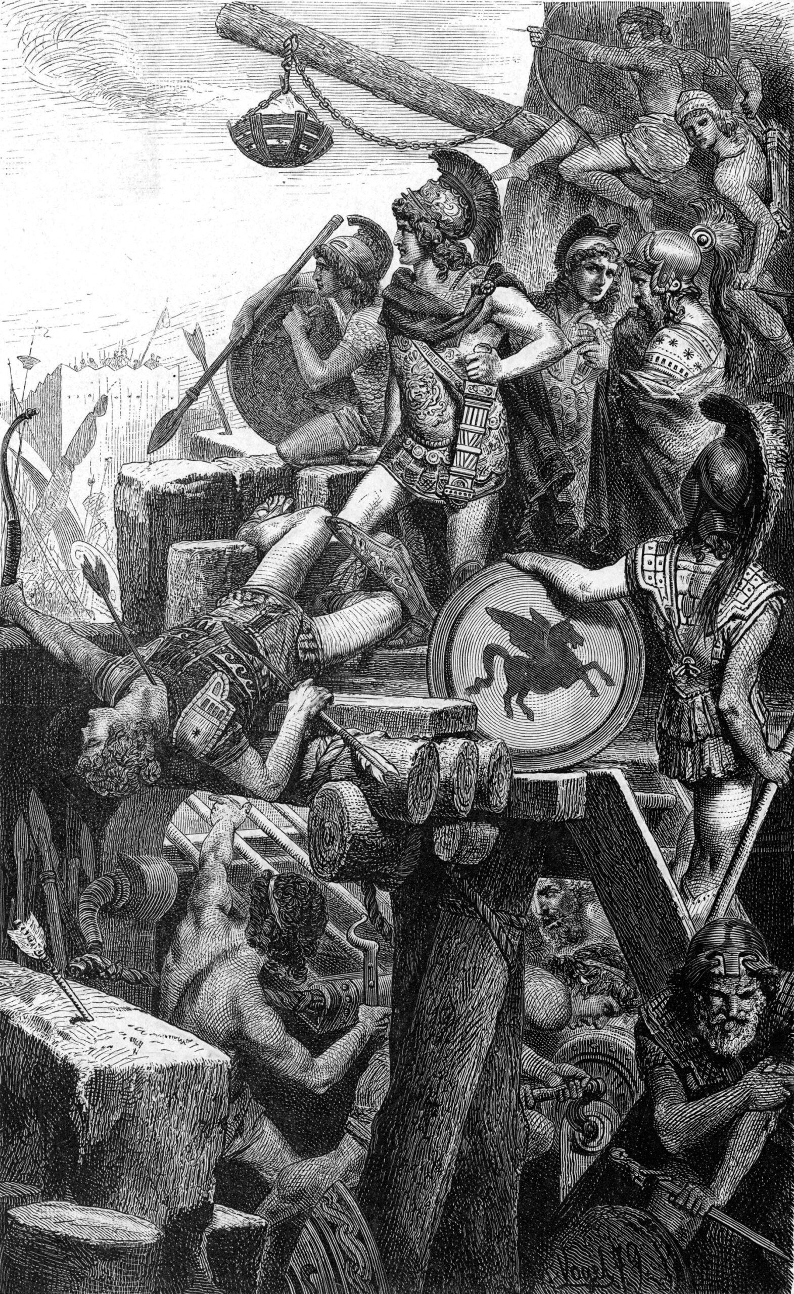 Alexander observes the progress of the assault on Tyre from atop one of his mammoth siege engines in a modern illustration. After attempts to breach the city from the causeway failed, Alexander equipped allied Phoenician ships with rams, towers, and boarding bridges. 