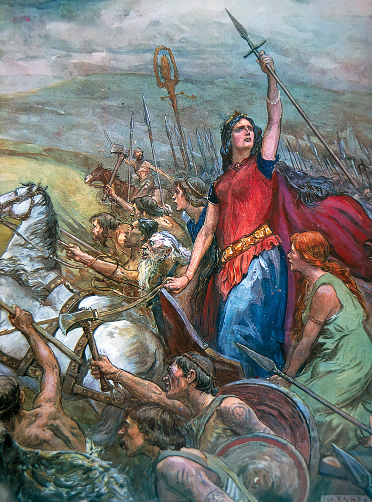 Boudica leads her troops into battle. Boudica’s rebel horde neither gave nor received mercy. 