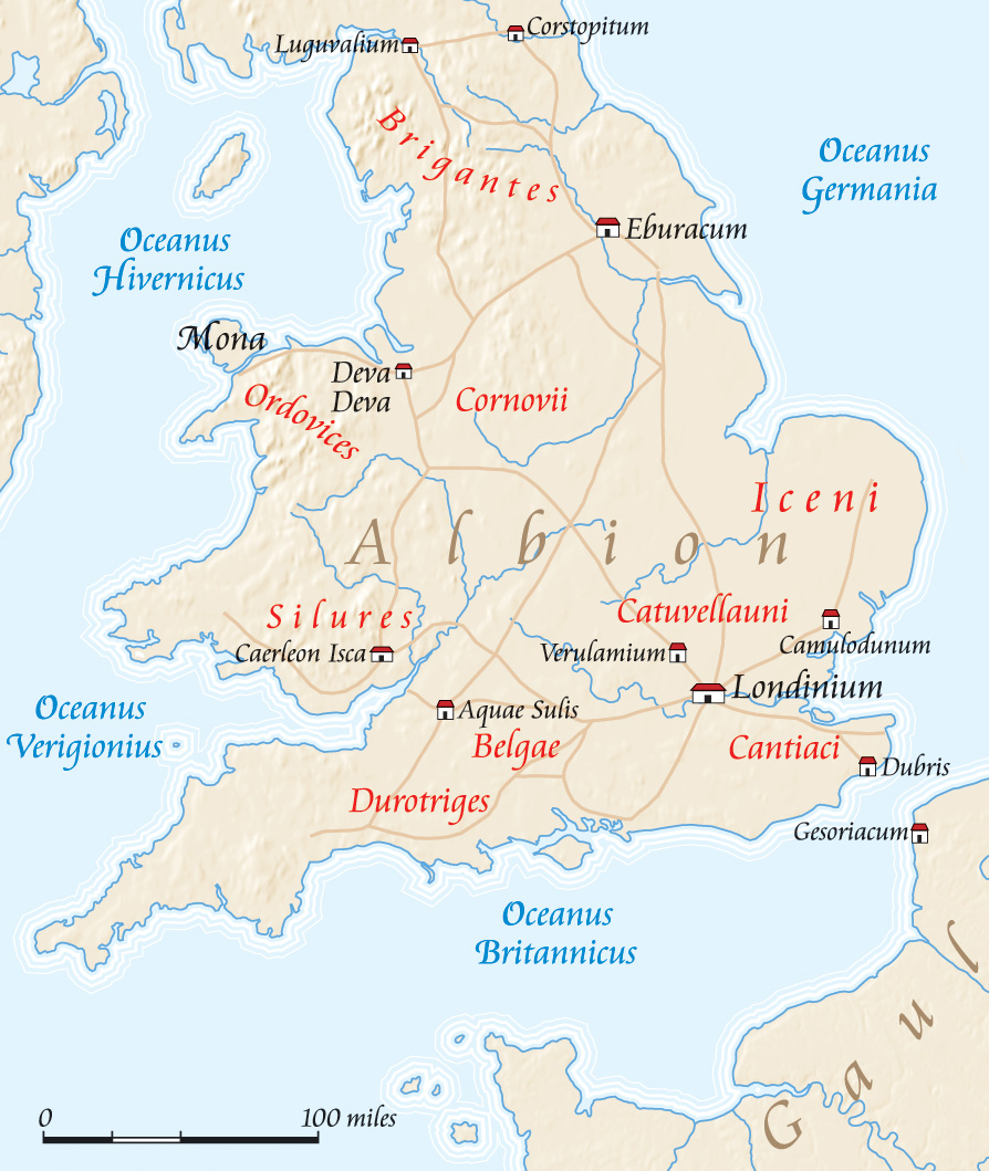 A map of ancient Britain shows the location of the main Brythonic tribes.