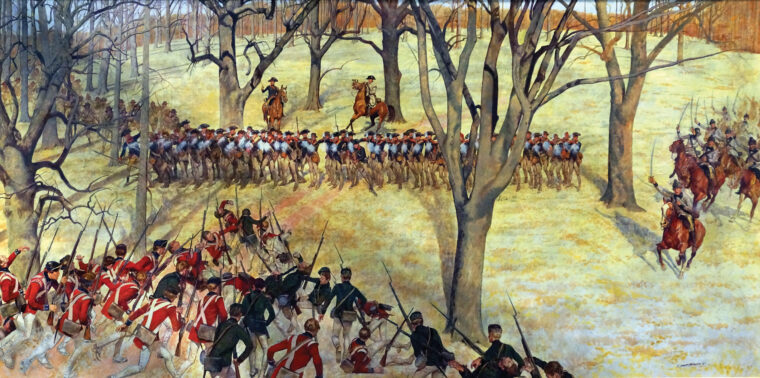 Lt. Col. John Eager Howard’s Continental infantry breaks up a British charge with a strong volley as Washington’s dragoons prepare to strike the British right flank.