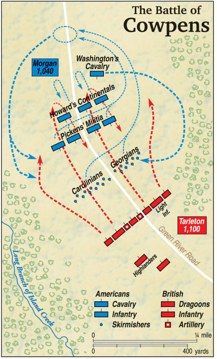 The appearance of the Continental cavalry at the Battle of Cowpens caught the British by surprise. The British cavalry, which was disorganized, ultimately fled the field leaving the British infantry unprotected.