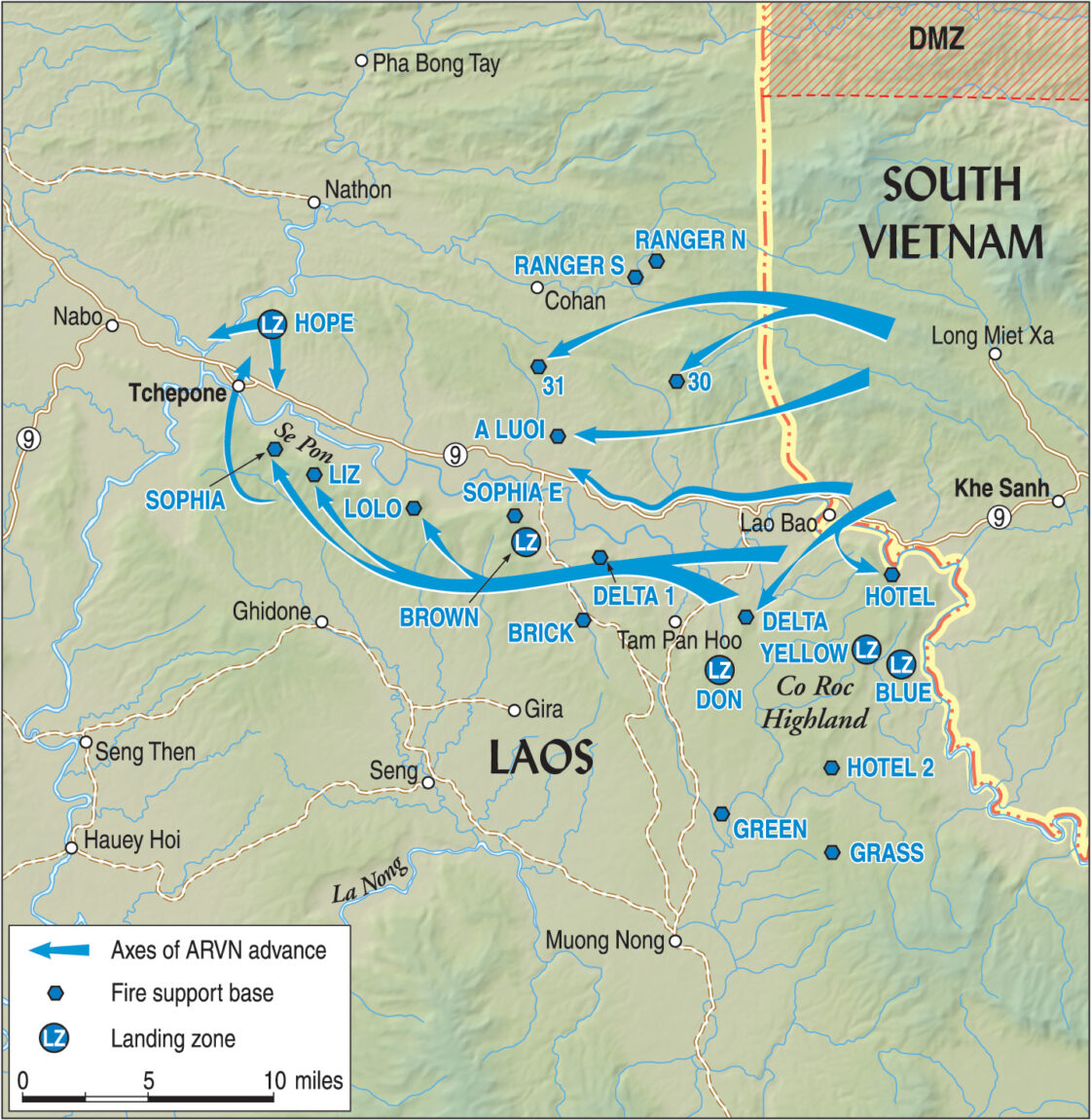 The South Vietnamese established fire bases manned by Army rangers to prevent ambushes against the main column traveling west on Route 9. 