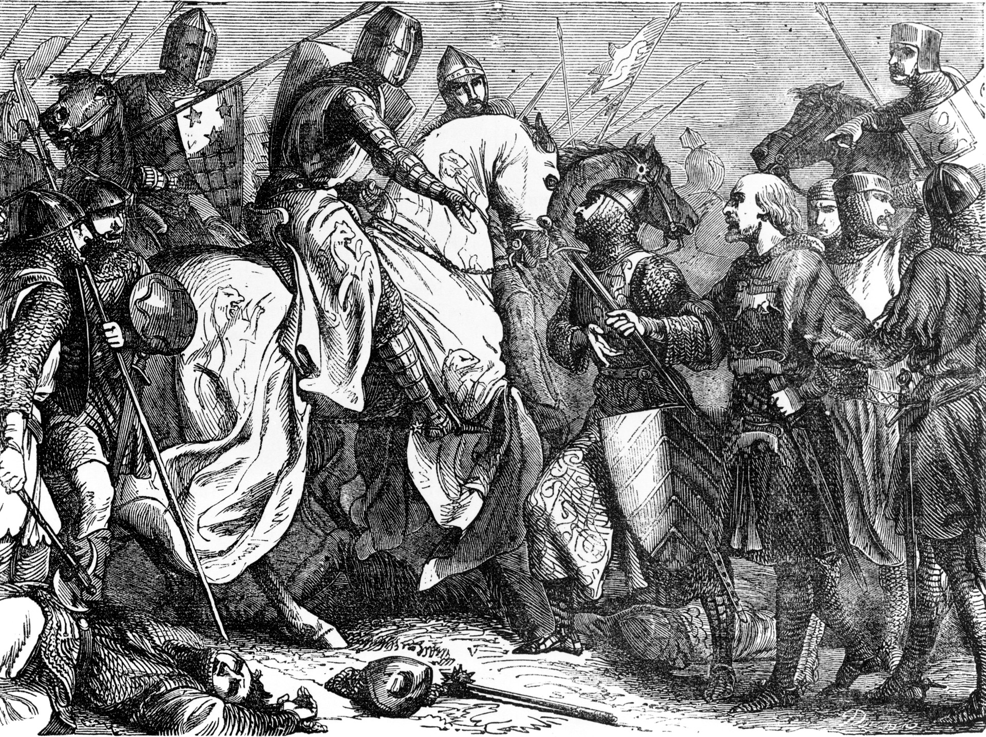King Henry III surrenders his sword to Simon on the battlefield of Lewes. Simon took Henry and Edward prisoner but made a grave mistake allowing the pro-Royalist Welsh marcher lords to go free.