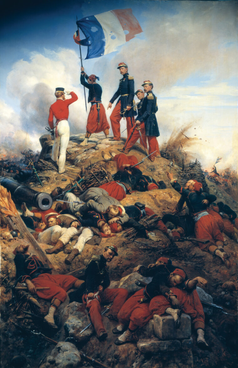 French forces raise the  Tricolor over the captured Malakoff redoubt. French General Patrice MacMahon handled his Zouaves well  in the Allied victory that constituted the climax of  the Crimean War.