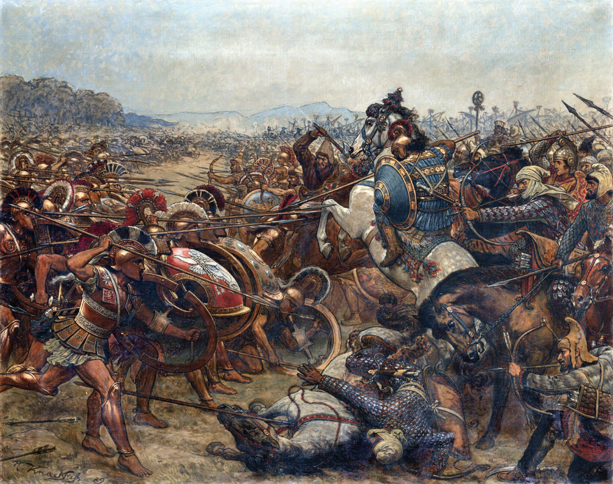 Greek hoplites armed with large shields and iron-tipped spears charge the Persians at Marathon.