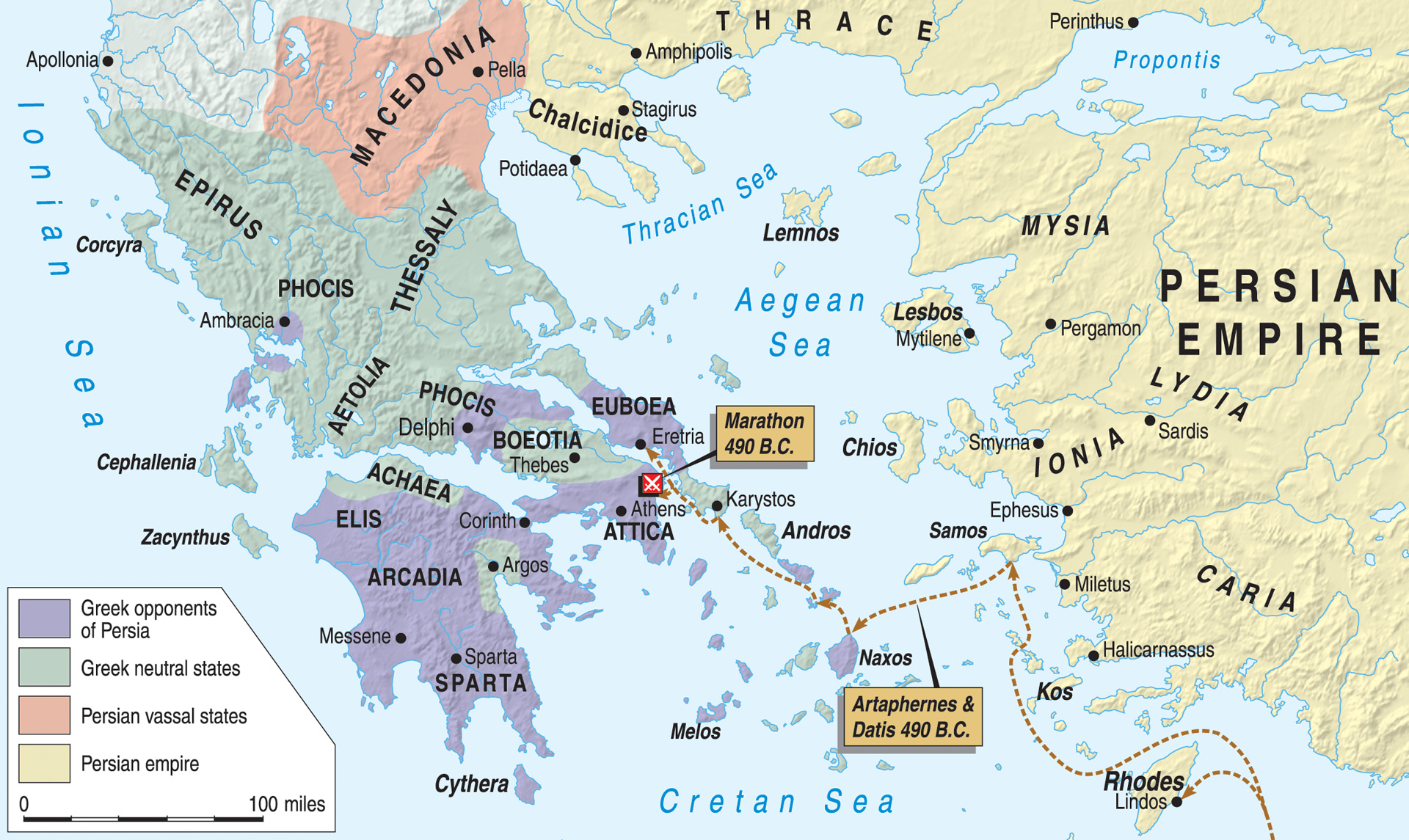 Persian commander Datis had orders to subdue the prominent island states of the Cyclades and then punish Eretria and Athens for their participation in the Ionian Revolt.