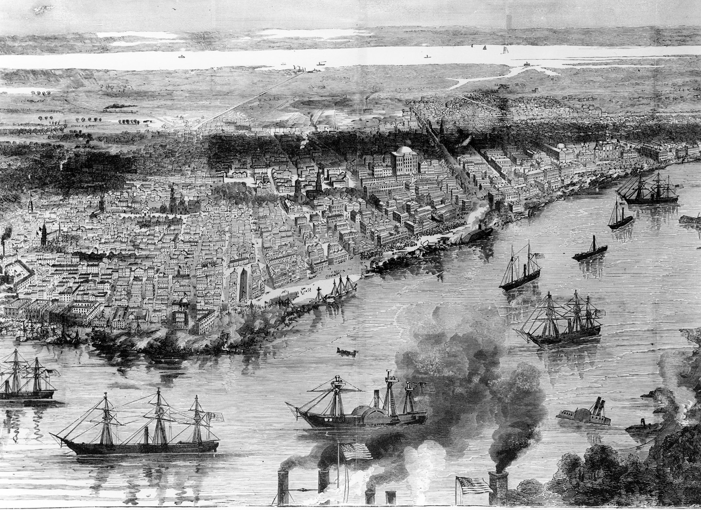 The Union Fleet is shown anchored at New Orleans the day after the battle. If any battle in spring 1862 kept Europe neutral, it was Farragut’s victory at New Orleans.