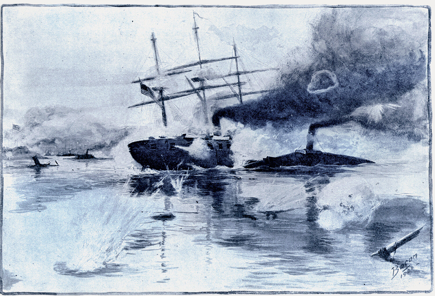 The CSS Manassas rams the USS Brooklyn. The crew of the Confederate ironclad ram fought heroically, damaging the Brooklyn and the USS Mississippi.
