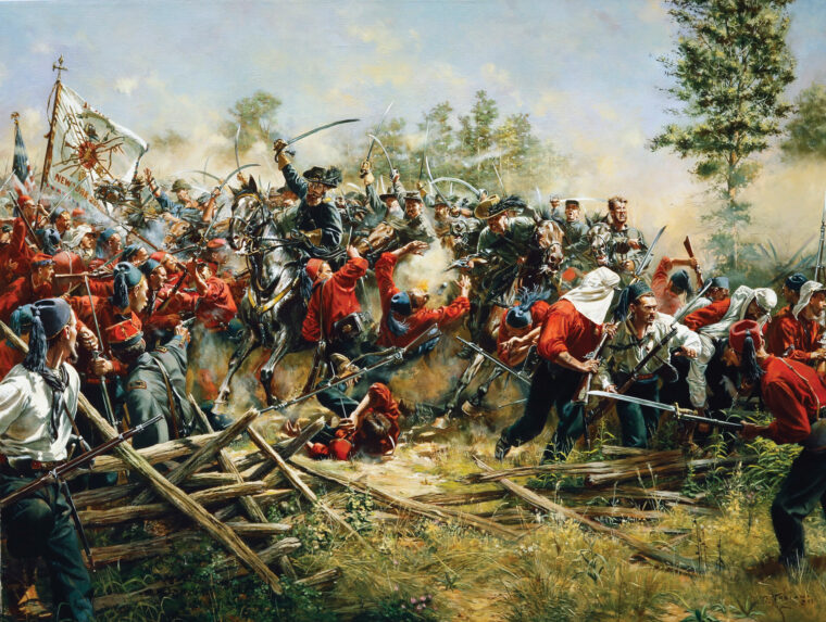 Colonel J.E.B. Stuart’s 1st Virginia Cavalry troopers galloping at full speed crash into the flank of the New York Fire Zouaves as the battle turns in the Confederate favor in a painting by Don Troiani.