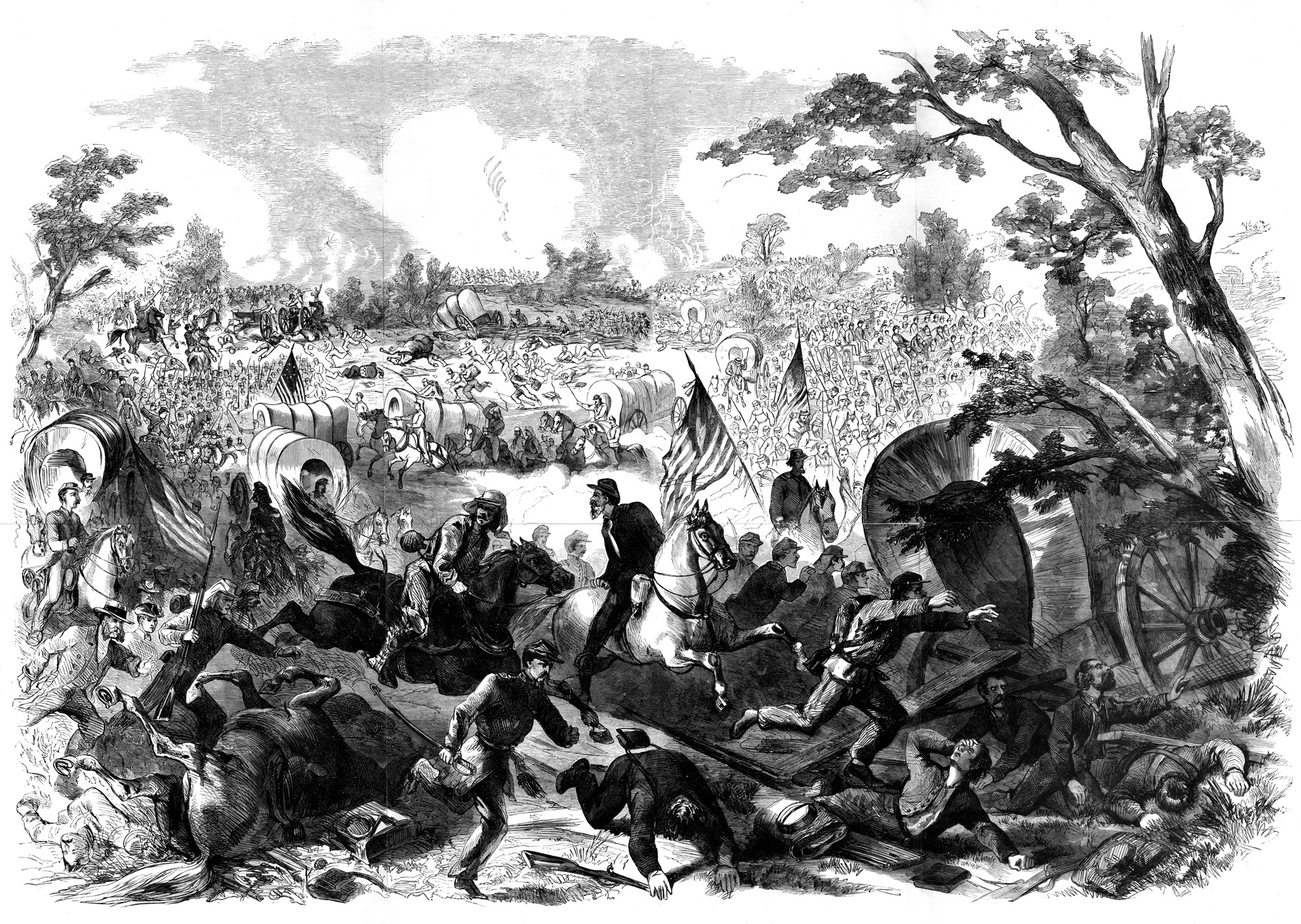  A small body of Confederates on the Warrenton Turnpike crossed Bull Run in order to cut off the Federal units retreating via the upper ford at Sudley Springs. When Confederate artillery shelled the bridge over Cub Run, the Federal retreat turned into a stampede as the demoralized troops raced back to Washington.