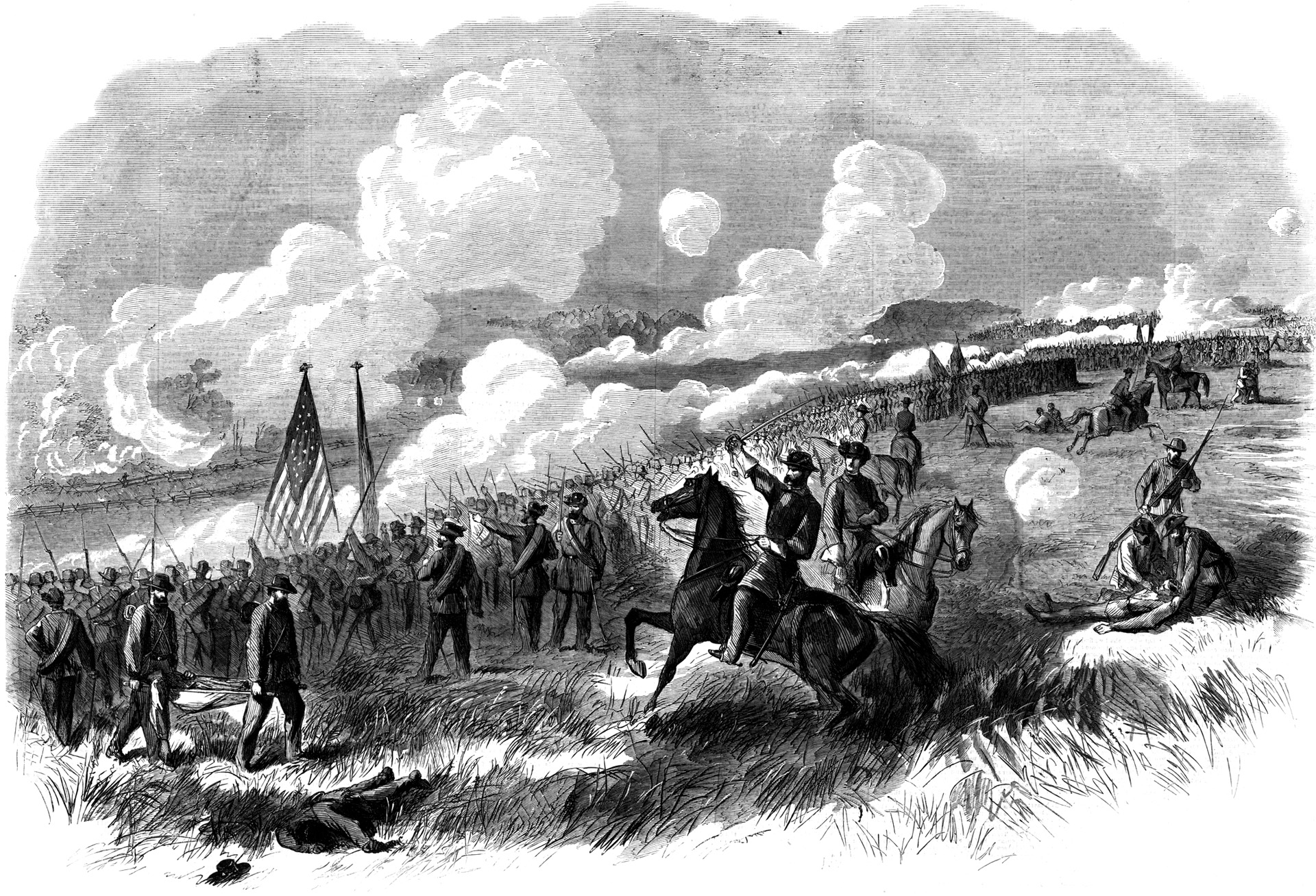 Colonel Ambrose Burnside’s brigade initiates the Union flank attack against the small body of Confederates who had rushed to Matthews Hill to check his southward advance on the morning of the one-day battle.