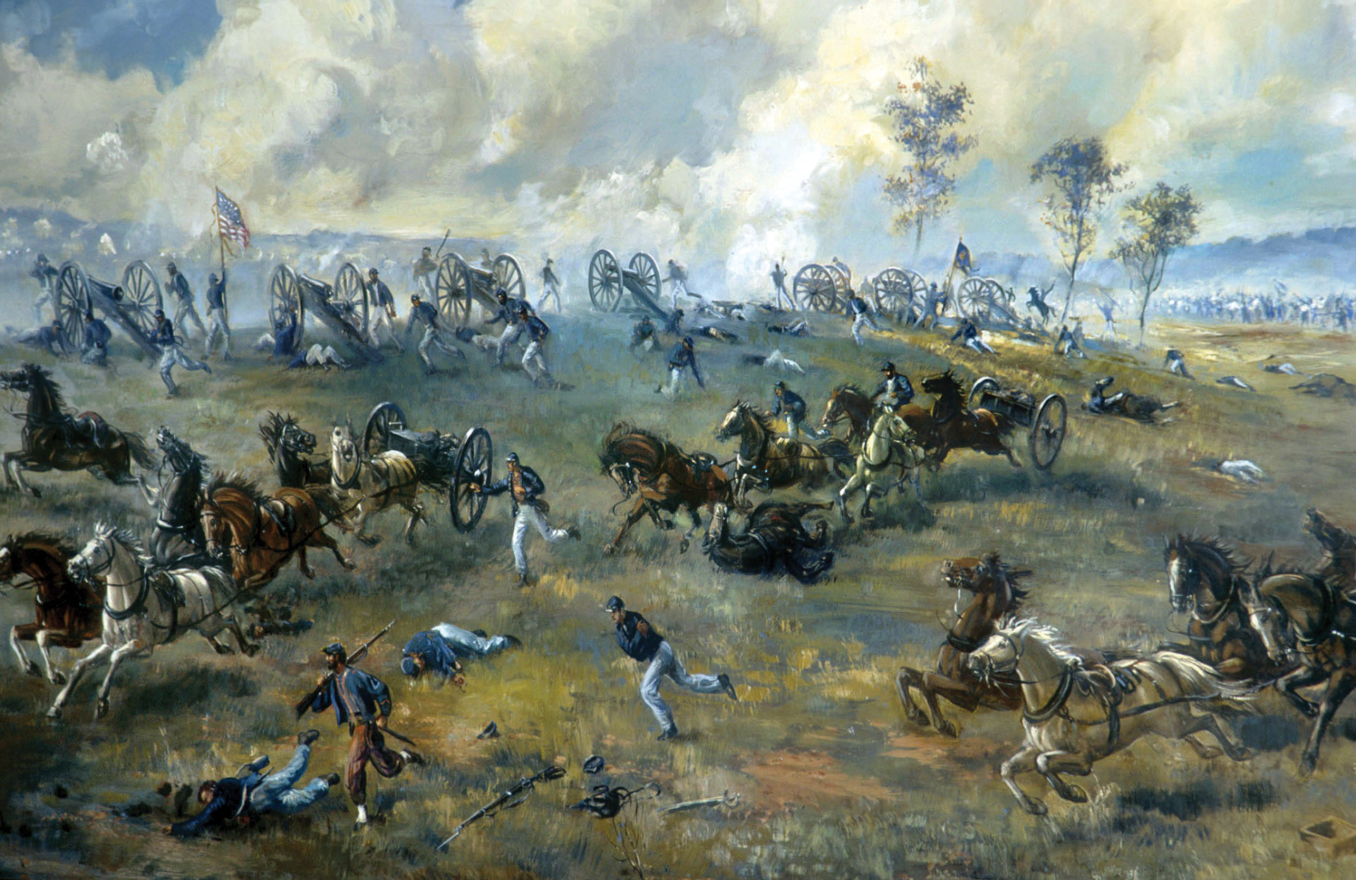 Captain James Ricketts’ 1st U.S. Artillery, Company I, goes into action on the west side of Henry Hill.  McDowell unwisely committed two batteries from the regular army to spearhead an assault in advance of the Union infantry. 