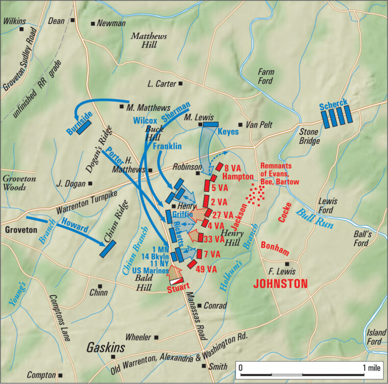 Union commander Brig. Gen. Irvin McDowell had great difficulty getting his flanking brigades across the broken terrain in order to assault the Confederate line of battle atop Henry Hill; as a result, they went into action piecemeal. 