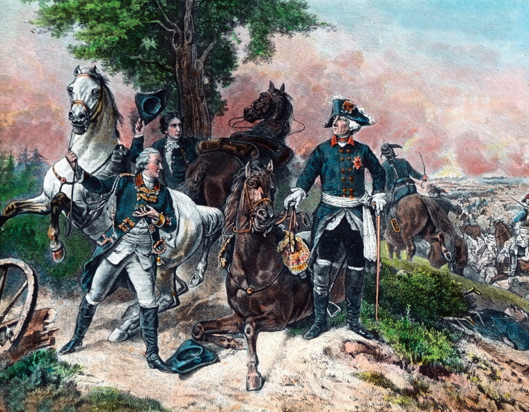 Prussian King Frederick the Great’s senior officers, including his brother Prince Henry, advised him to halt his attack at Kunersdorf after the Prussian forces had hemmed in the enemy, but he chose to press his attack.