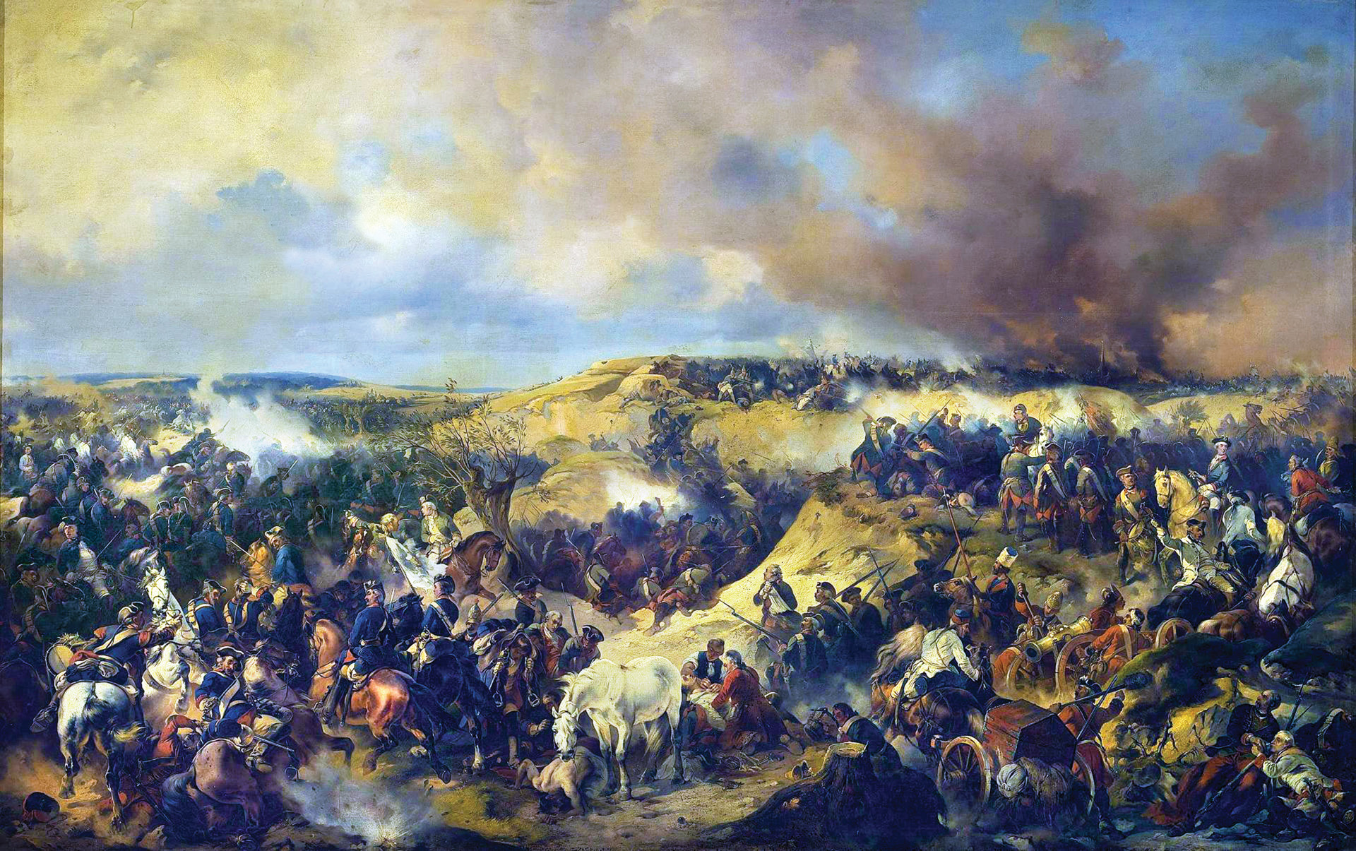 Prussian forces at left assail the Russians atop the sandy hills at right. Frederick lost 20,000 men in the worst defeat of his career. 