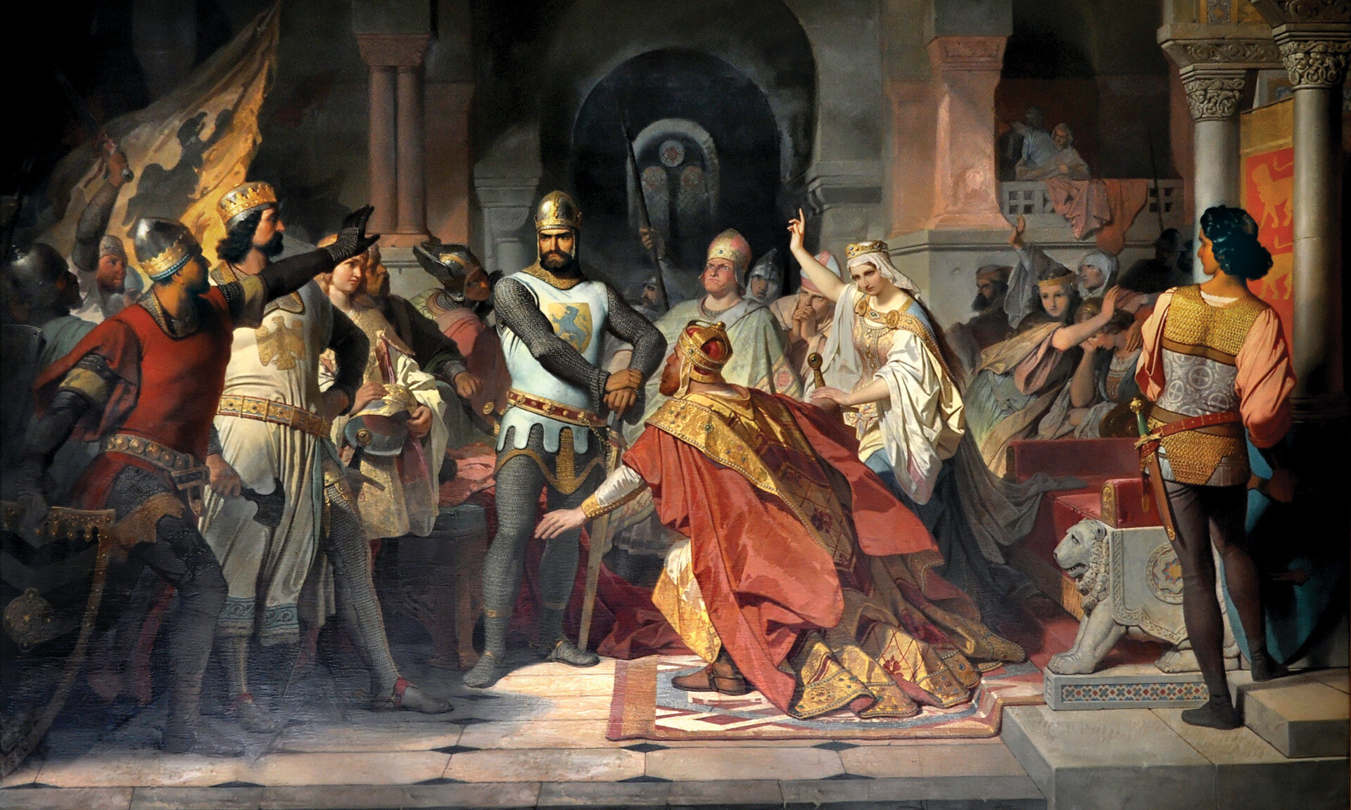 Emperor Frederick pleads with Duke Henry the Lion, the ruler of Saxony and Bavaria, for support in the 1176 campaign in Italy, but the stubborn duke steadfastly refused his entreaties. His absence had a detrimental effect on the campaign.