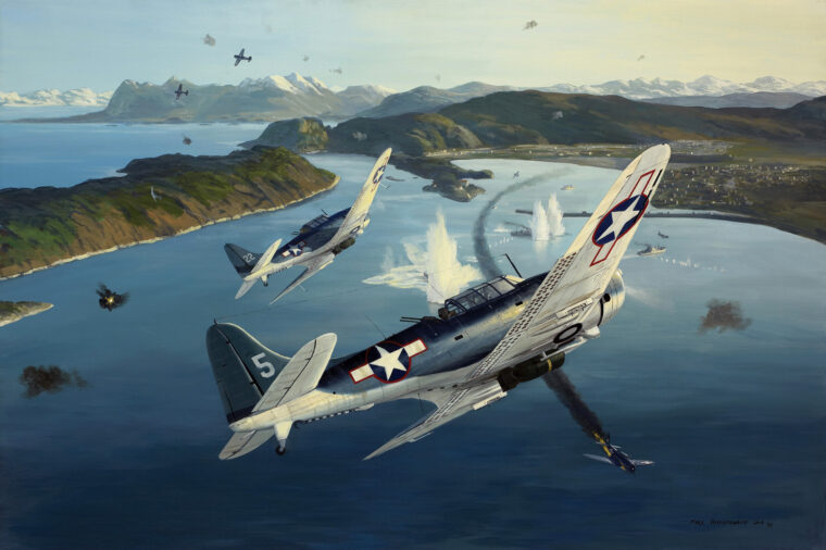 Dauntlesses dive bombers and Wildcat fighters from the USS Ranger attack German shipping in Bodo harbor in northern Norway in a painting by Mark Postlethwaite.