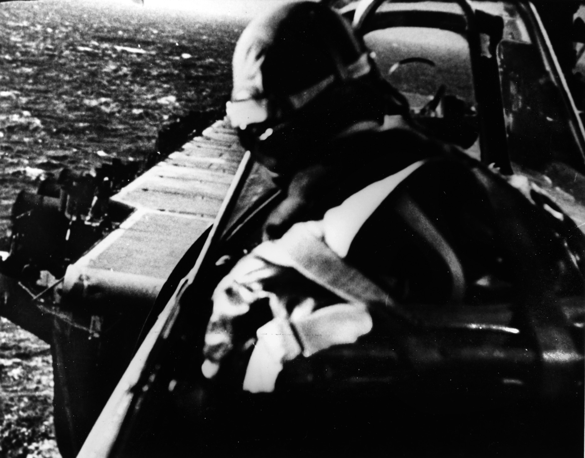 An F4F Wildcat prepares to land on the USS Ranger as seen from a camera mounted behind the pilot. The carrier’s successful attack on German shipping severely disrupted for several months the shipment of iron ore from northern Norway to Germany.