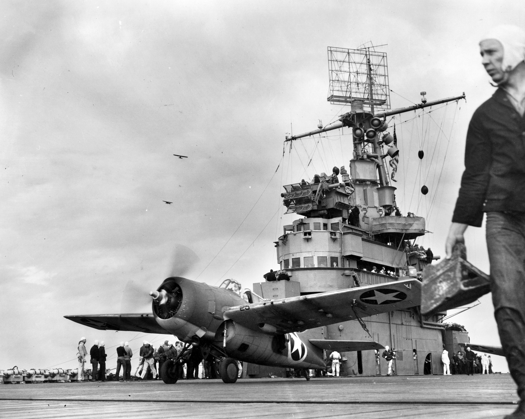 An F4F Wildcat, which is fitted with drop tanks, takes off from the USS Ranger on a photo-reconnaissance mission over French North Africa during Operation Torch in November 1942. 