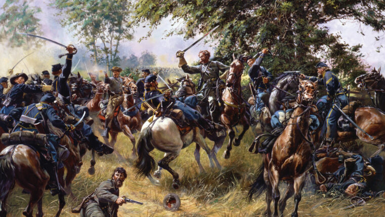 Brig. Gen. Wade Hampton deftly fends off saber blows by Union troopers as he finds himself surrounded on the final day at Gettysburg in a painting by Don Troiani.