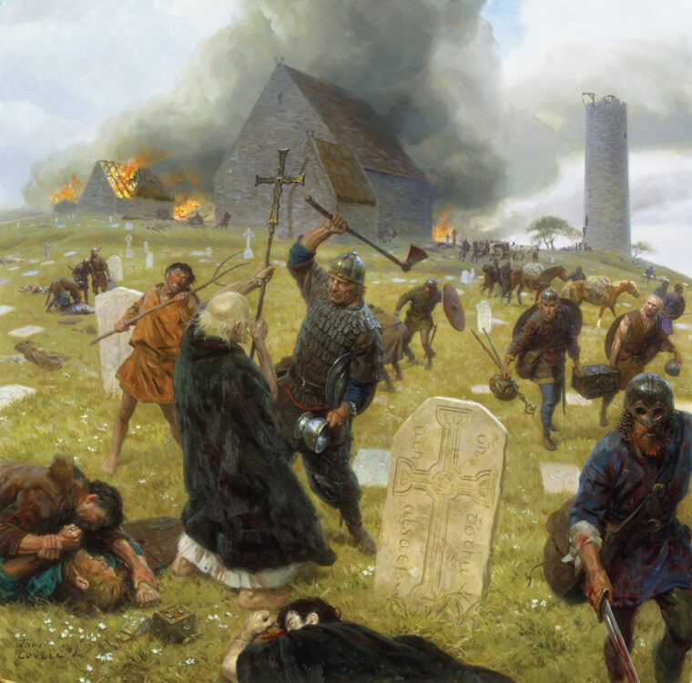 Viking marauders sack the Clonmacnoise monastery in central Ireland. Medieval monasteries were exorbitantly wealthy and typically overflowed with treasure, which made them tempting targets for Vikings seeking instant riches.