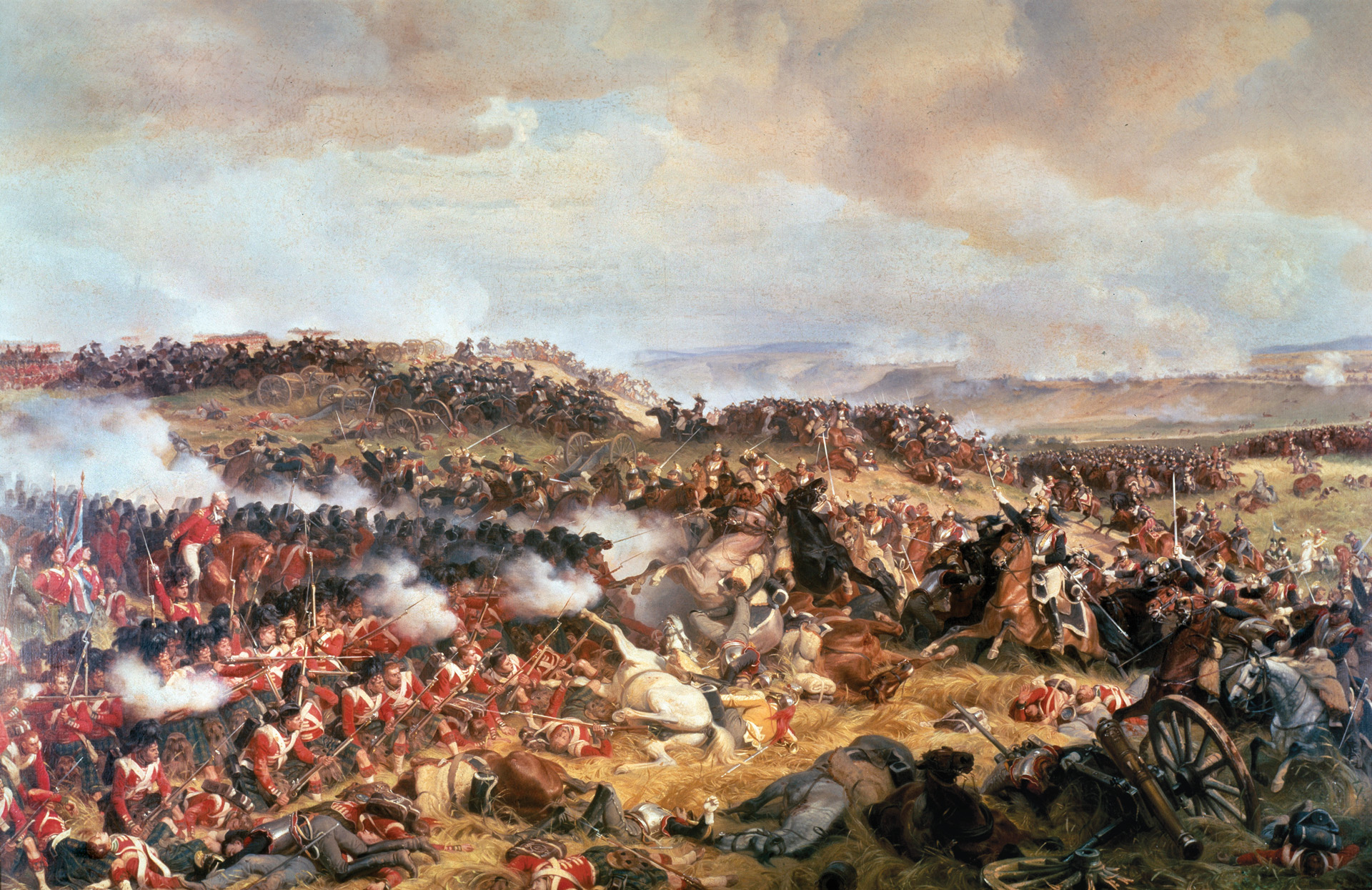 French cuirassiers charge against a British square in a painting by 19th-century artist Felix Philippoteaux that exaggerates the steepness of the hills. Field Marshal Wellington’s artillery pounded the advancing French cavalry, greatly weakening its strength.