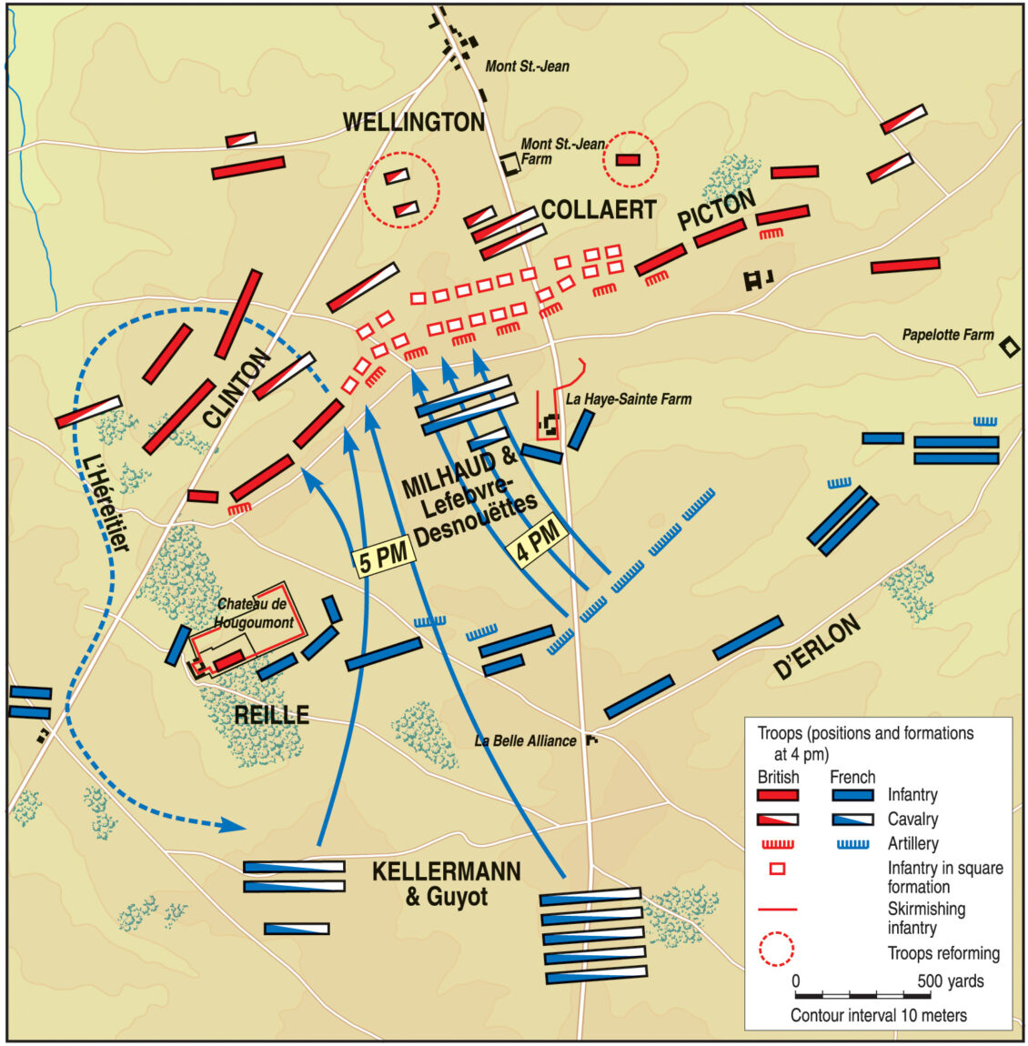 Field Marshal Wellington's battered and frayed center received relief late in the day when the arrival of the Prussian I Corps enabled Wellington to shift his forces to prevent his line from breaking. Fifteen minutes after the Prussians arrived, the French Imperial Guard swept forward.