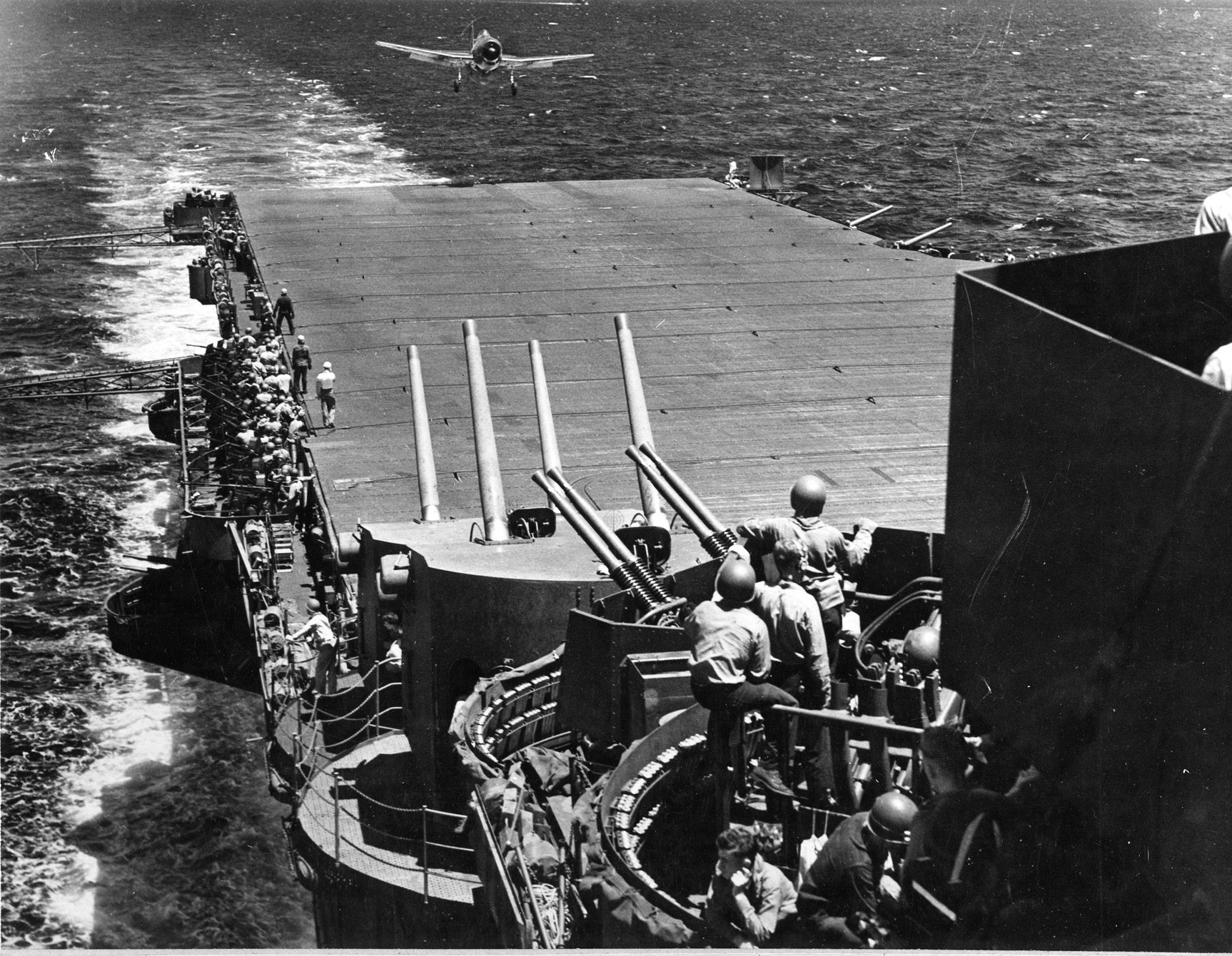 A Hellcat lands on the deck of the USS Lexington. The U.S. Navy knocked out Japanese land-based aircraft on the Marianas Island before the battle, which put the Japanese at an even more severe disadvantage when the ship-to-ship fighting began.