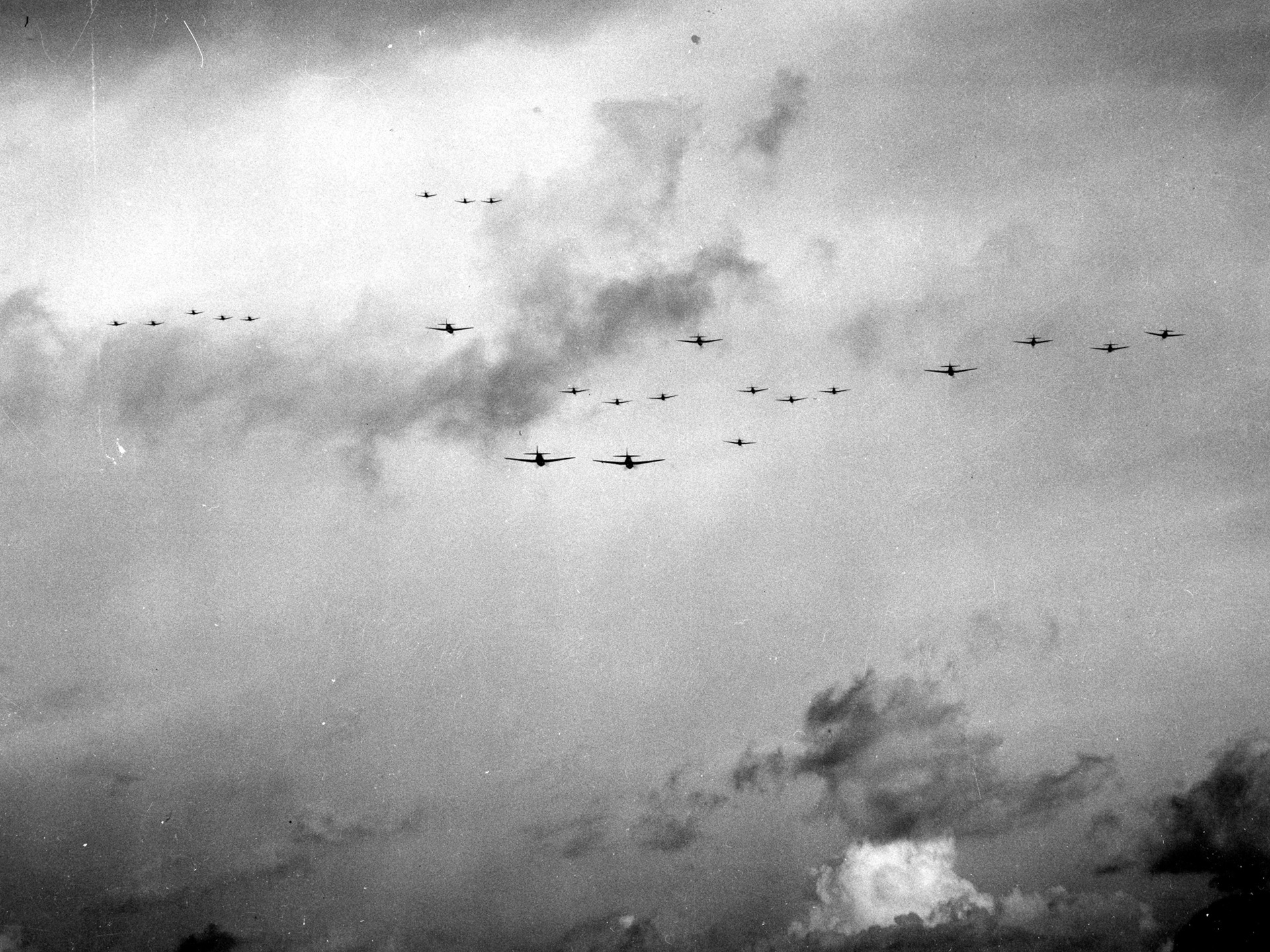 Navy planes from Task Force 58 hunt for Japanese aircraft. In the two-day pitched battle, the Japanese lost three carriers and two oilers sunk and had almost all of their aircraft destroyed.