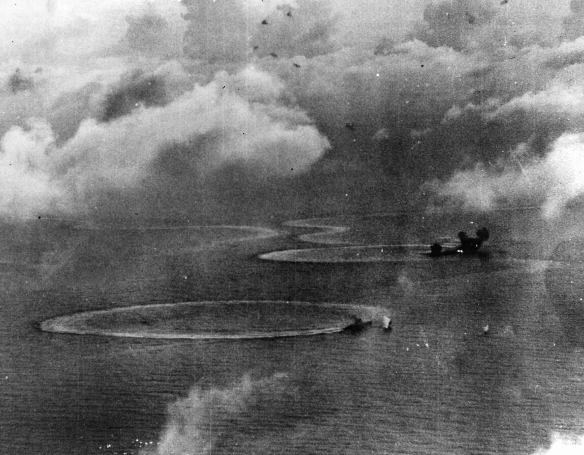 Navy planes from Task Force 58 hunt for Japanese aircraft. In the two-day pitched battle, the Japanese lost three carriers and two oilers sunk and had almost all of their aircraft destroyed.