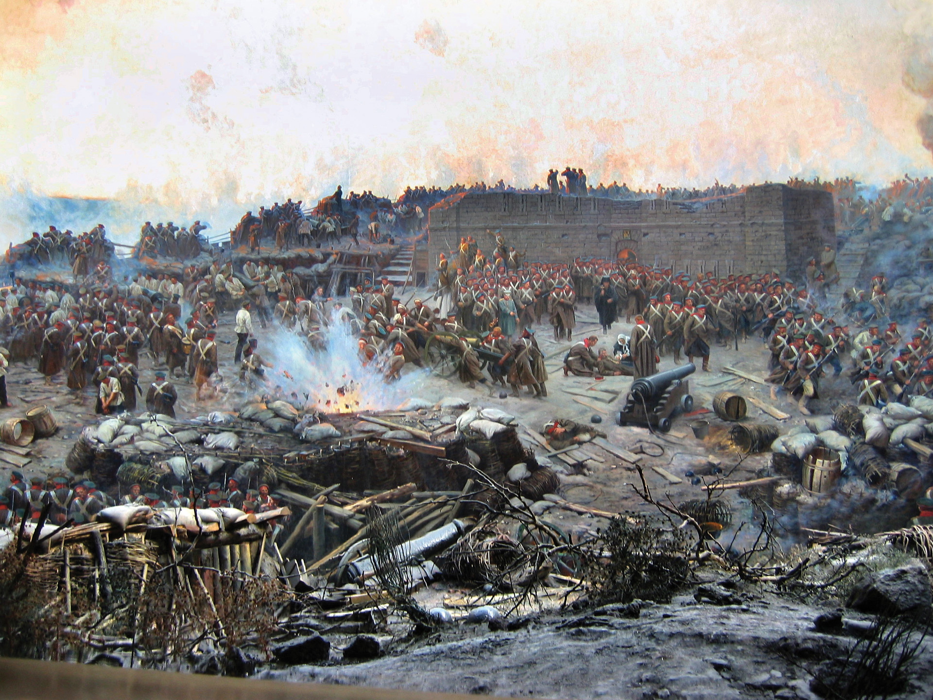 Russian infantry organizes to defend a redoubt during an Allied assault. The French timed a general assault for noon on September 8, 1855, exactly when the Russians would be changing garrisons at the Malakoff. 